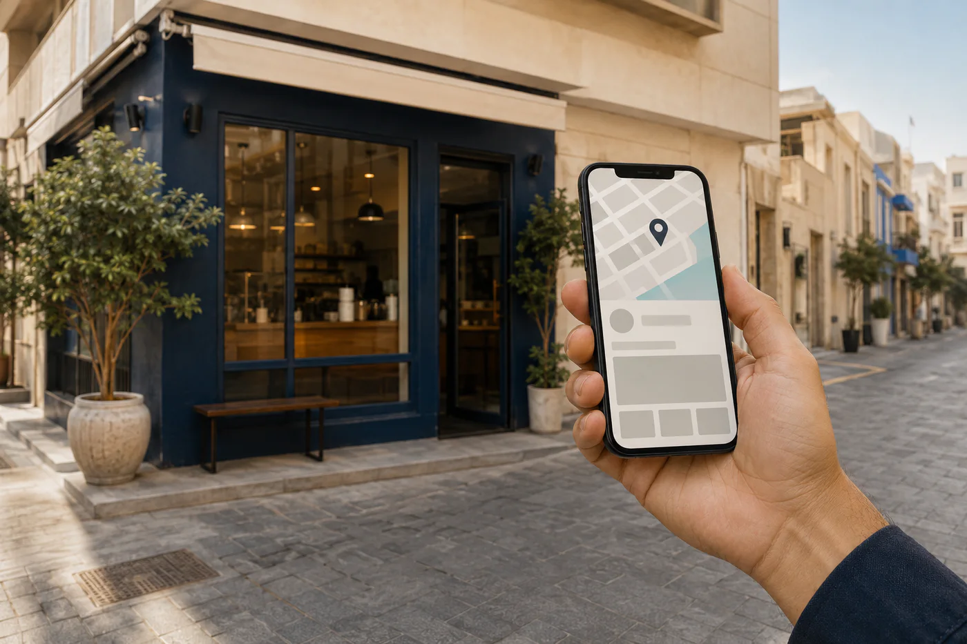 A warm Bahrain storefront scene with a phone showing an abstract local-search map interface.